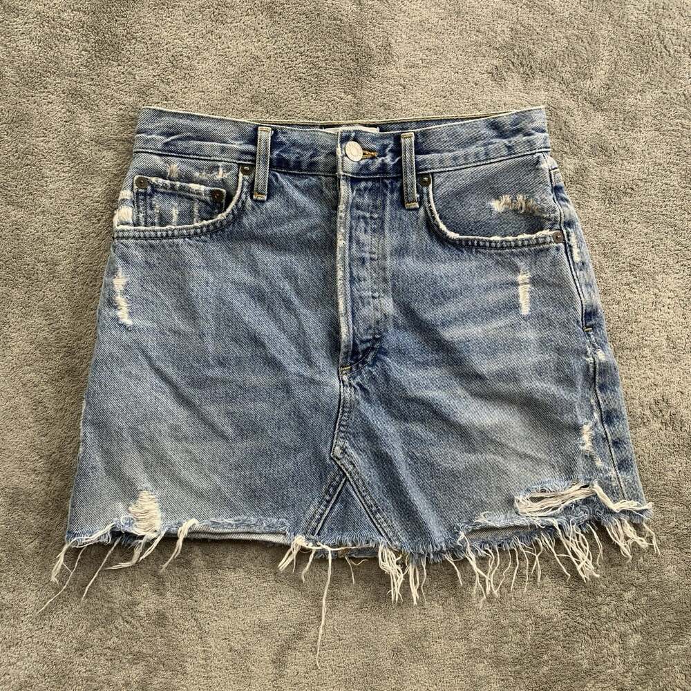AGOLDE Quinn High-Rise Denim Mini Skirt Womens 25 Button Fly Distressed Swapmeet